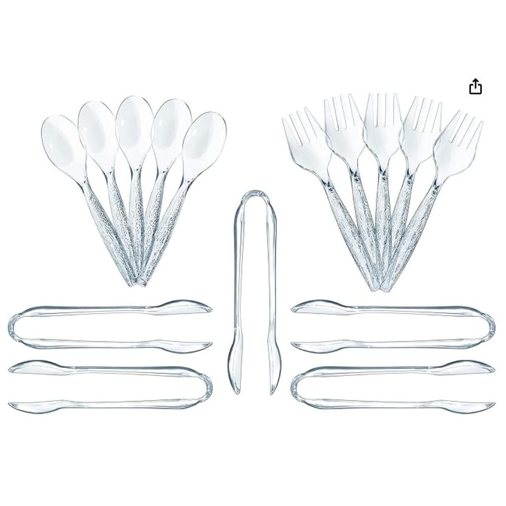 15 Pack Transparent Plastic Disposable Serving Utensils Set-Spoons, Tongs, Forks